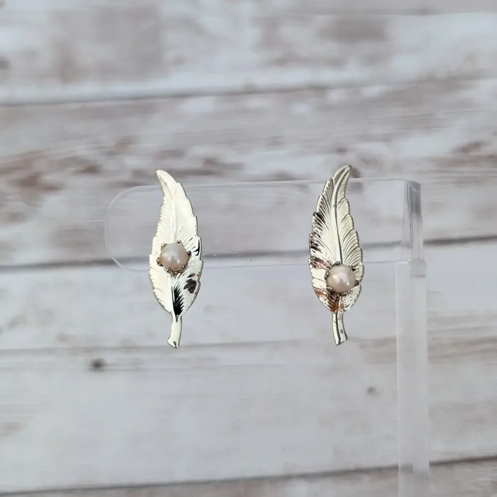 Vintage Screw Back Earrings Mismatched Leaves with Faux Pearls Condition Issues